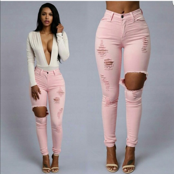 pink distressed jeans