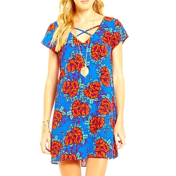 GB Floral Printed Trapeze Dress -Cobalt & Red NEW!