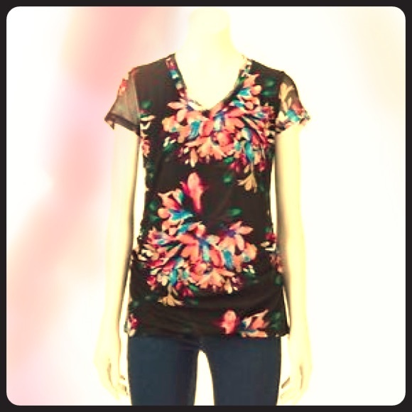 Dana Buchman Printed Black & Floral Mesh Top Sz M