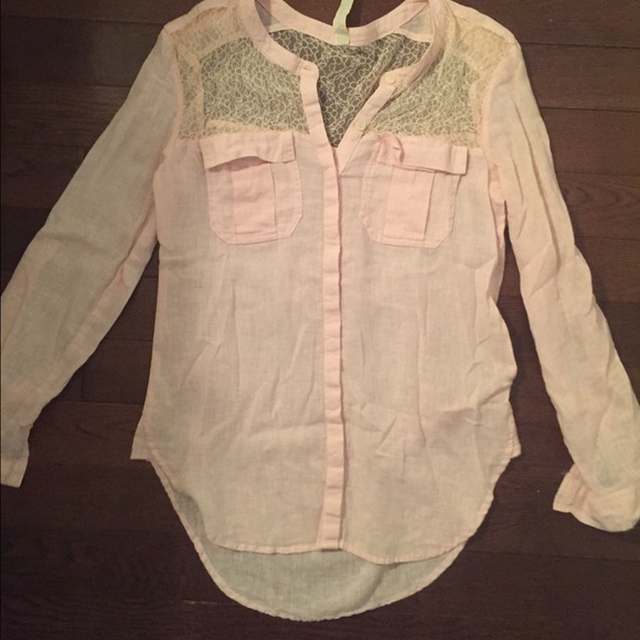 FREE PEOPLE pink button down with lace yoke NWOT