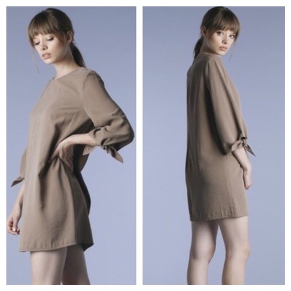 Elisabeth Tie Sleeve Shift Dress in Tan - Picture 2 of 4