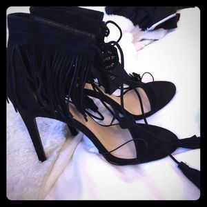 Forever 21 suede black fringe sandals heels 8 New