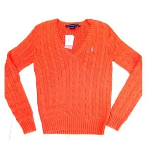 NWT Ralph Lauren orange v-neck cable knit sweater