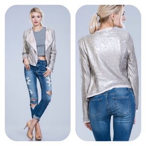 🍃💕HP Silver Sequin & Satin Moto Jacket