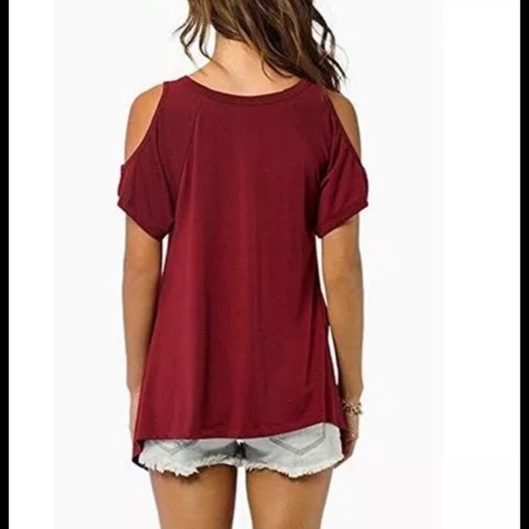 ❗CLEARANCE ❗Wine Bare Shoulder Sharkbite Hem Tee - Picture 2 of 4