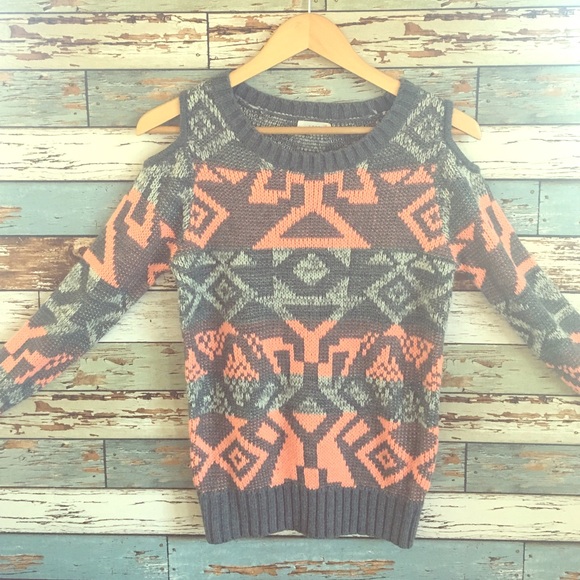 Grey and coral open shoulder sweater