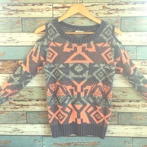 Grey and coral open shoulder sweater