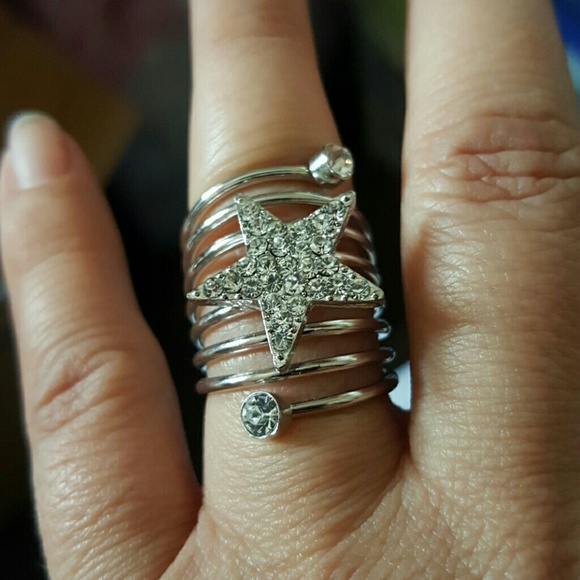 Silver cz star ring spiral band sz 7