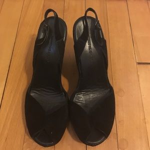 Roberto Del Carlo black, suede, peep-toe wedges