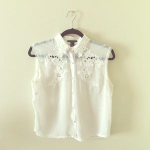 White, sheer, lace-detailed blouse