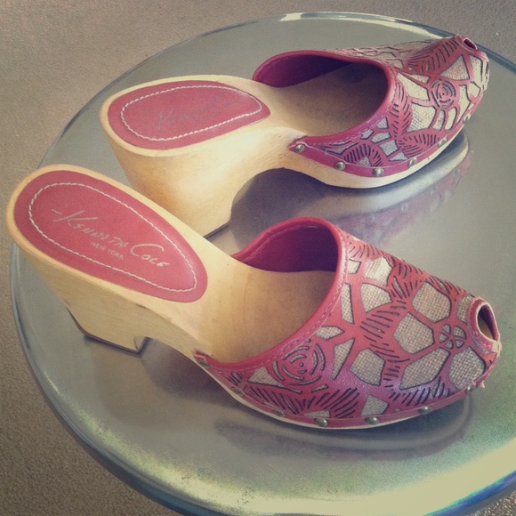 Leather and linen open toe clog mules