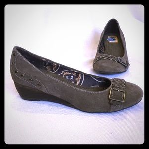 Taupe Suede Low Heel Wedges