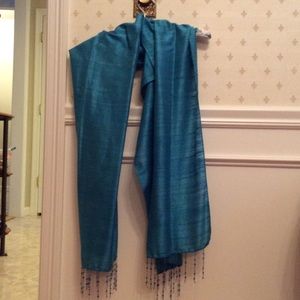 Blue silk scarf with beaded fringe