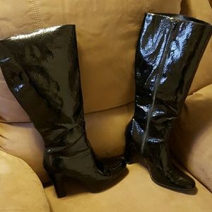 Faux patent leather knee high black boots