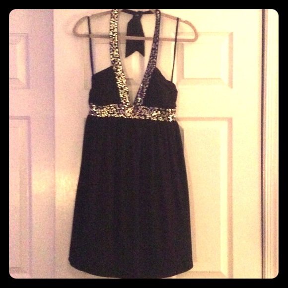 Black halter dress with sequin detail