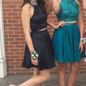Navy Two-Piece High-Neck Homecoming Dress