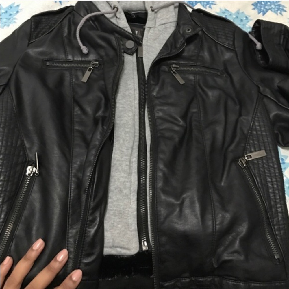 YMI hooded leather jacket with a fur inside