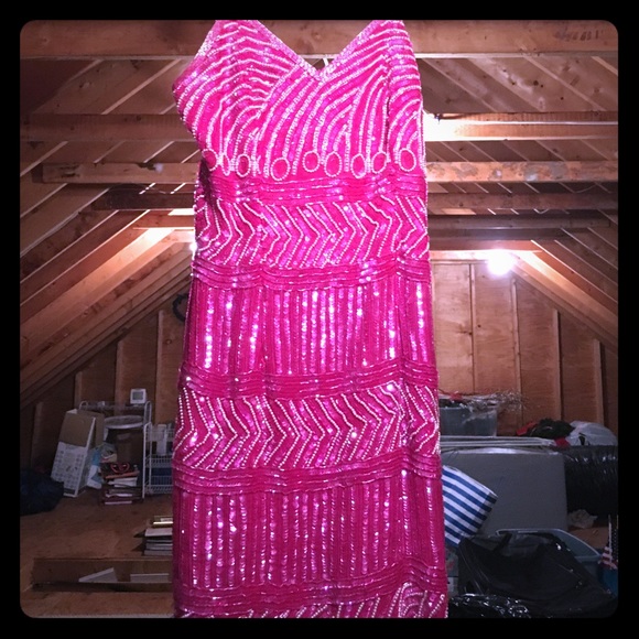 Short pink silk dress w heavy detail beading