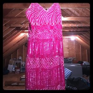 Short pink silk dress w heavy detail beading