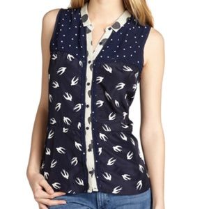 Greylin navy polka dot + bird sleeveless blouse
