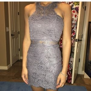 Scalloped Eyelash Lace Halter Dress in Pewter