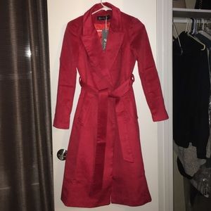 Long red winter trench coat with belt. Size S