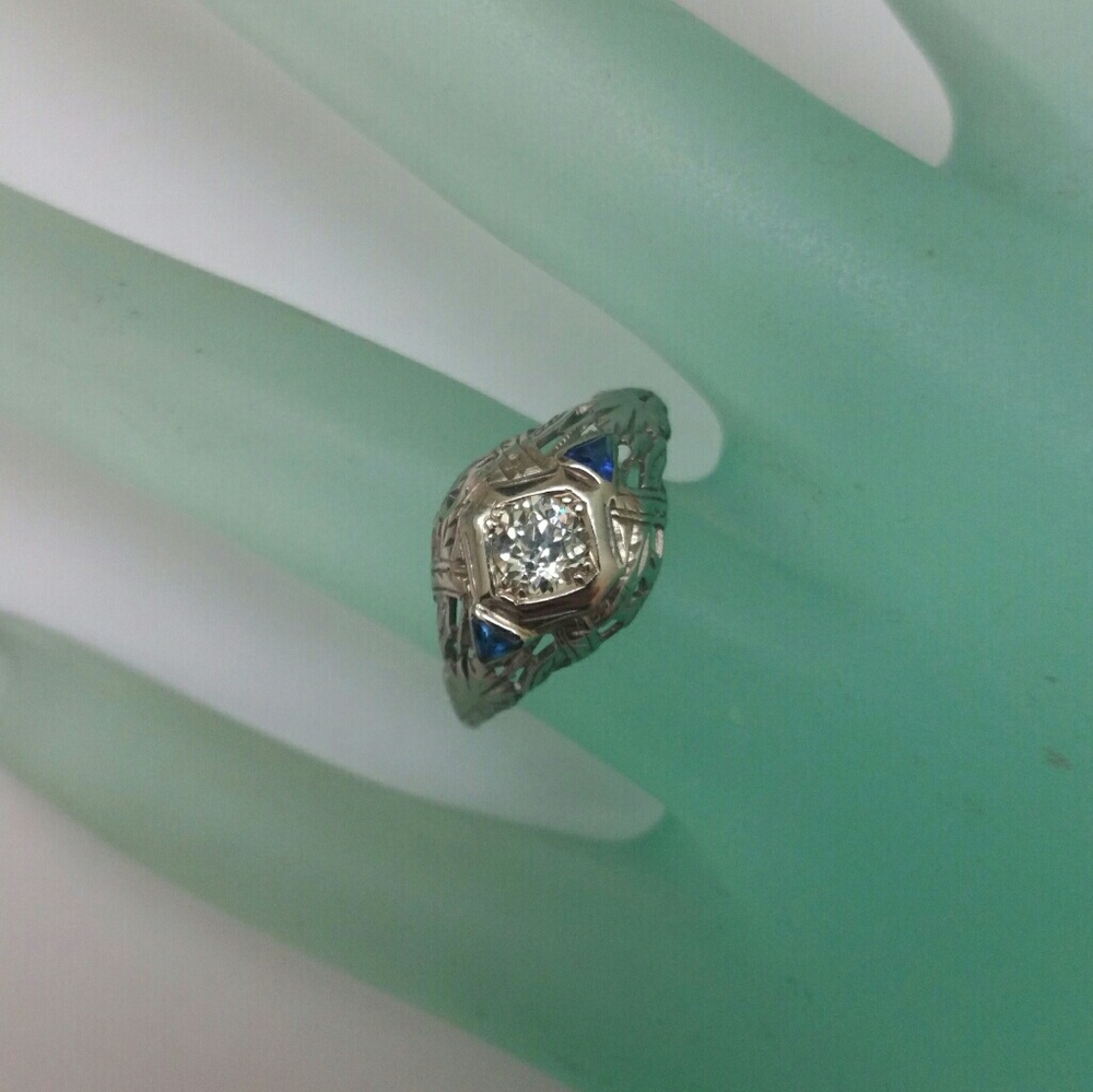 Antique 18k White gold 100% Natural .61ct Diamond Sapphire Ring - Picture 3 of 8