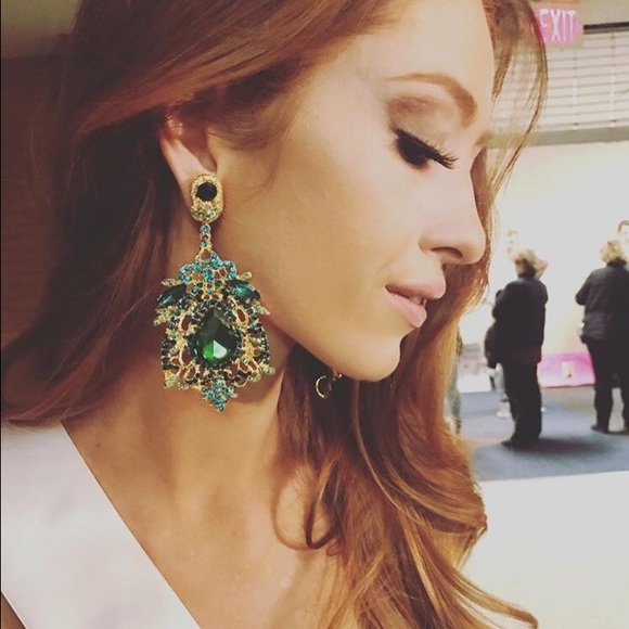 Large Green Earrings with AB accent Stones - Picture 2 of 4