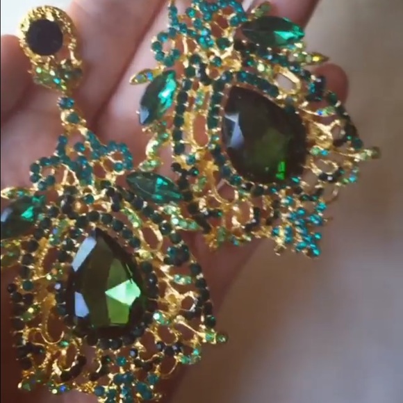 Large Green Earrings with AB accent Stones - Picture 3 of 4