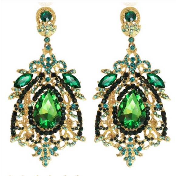 Large Green Earrings with AB accent Stones - Picture 4 of 4