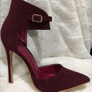 Burgundy faux suede pumps with ankle strap