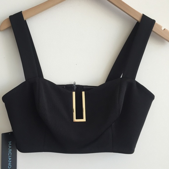 ✨SOLD✨ Marciano Black Bustier Crop Gold Plate Top - Picture 2 of 4