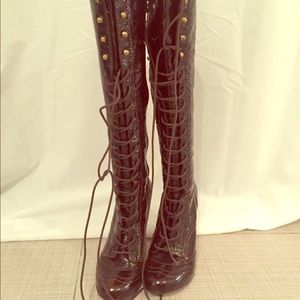 French Connection Patent Leather Burgundy Boots