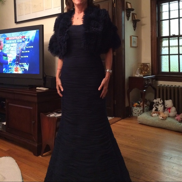 Navy Blue ruched English tulle gown with capelet - Picture 3 of 5