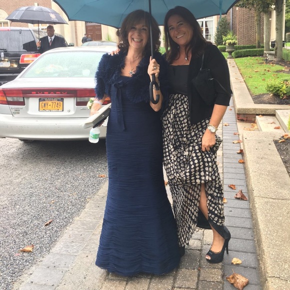 Navy Blue ruched English tulle gown with capelet - Picture 4 of 5