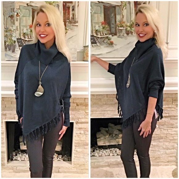 ! Deep Teal fringe poncho top! Stunning! Last One - Picture 2 of 2