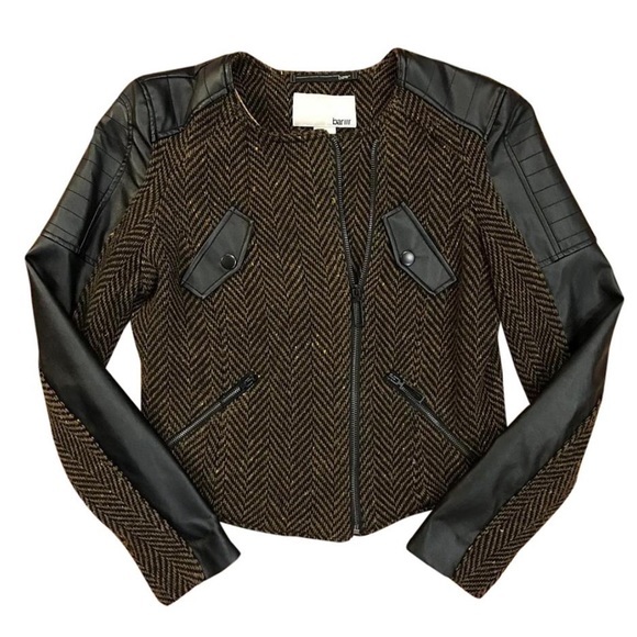 BAR III | herringbone & faux-leather jacket