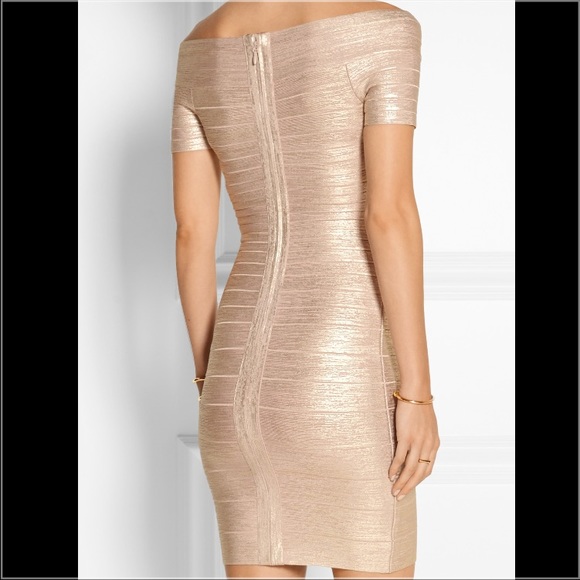 Herve Leger Carmen Off Shoulder Rose Gold Dress - Picture 5 of 7