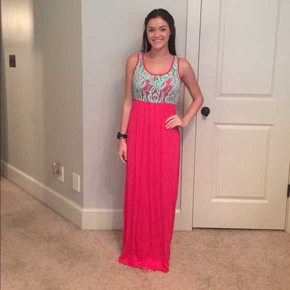 light blue and hot pink long dress