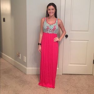 light blue and hot pink long dress