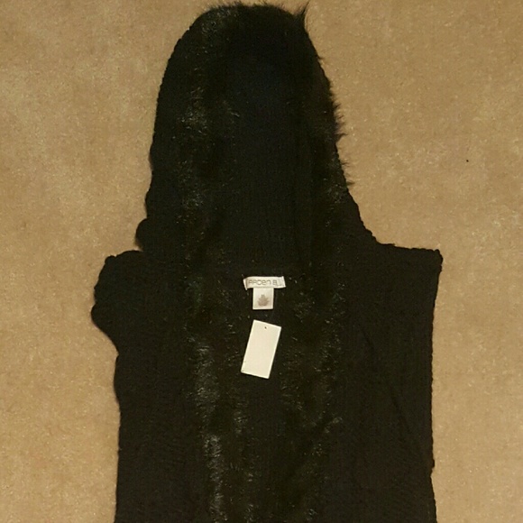 NWT, Knit Black Vest W/ Hoodie, Faux Fur Trim