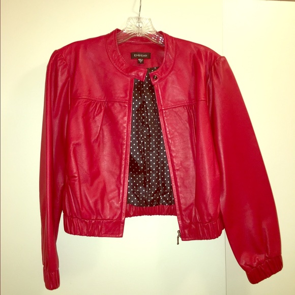 Red Bebe Cropped 100% Leather Jacket