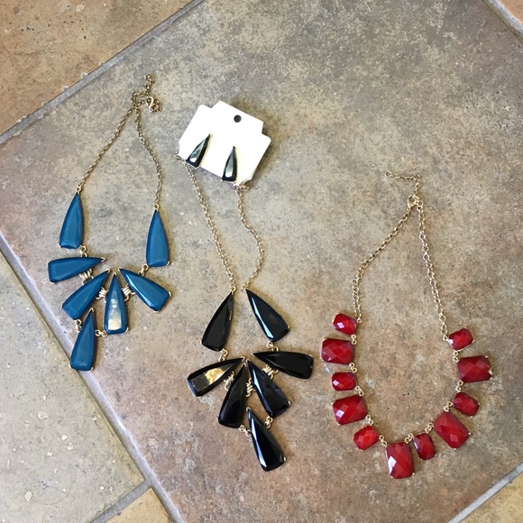 Blue, red and black necklaces with black earrings