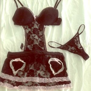 New Little French Maid Lingerie Set Black and pink