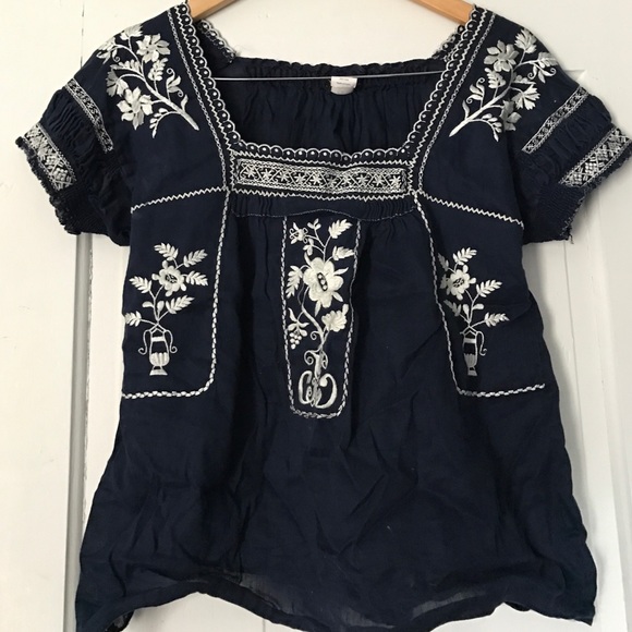 J. Crew Navy Blue Embroidered Peasant Top