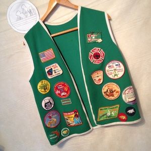 Vtg 1970s camping sew on patch green vest amazing