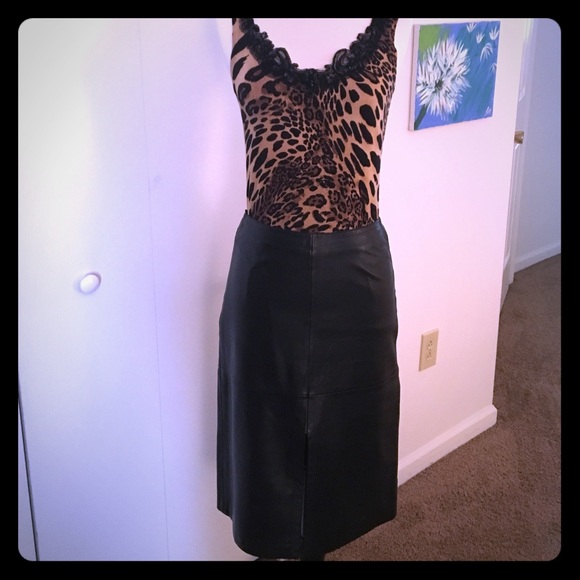 Cache black leather midi skirt