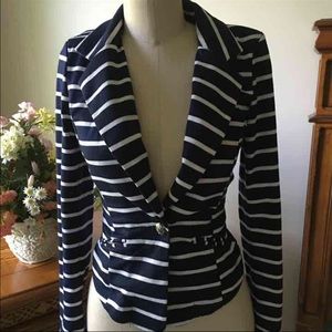 JERSEY Knit Navy White Striped Peplum Blazer