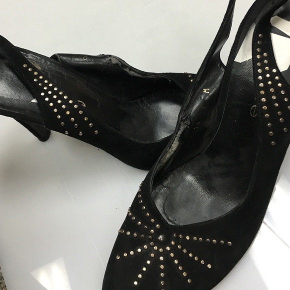 Bebe suede black heels w brass studding