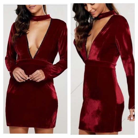 Dresses & Skirts - LAST ONE! Red Velvet Deep V Choker Dress🔥